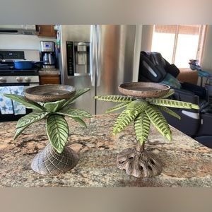 Vintage Cast Iron Metal Palm Tree Candle Holders-Set of 2